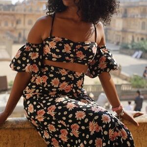 Kimchi Blue Black and Pink Floral 2 piece set Maxi skirt with crop top